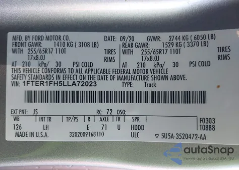 2020 Ford Ranger Xl z USA, uszkodzony, nr VIN 1FTER1FH5LLA72023